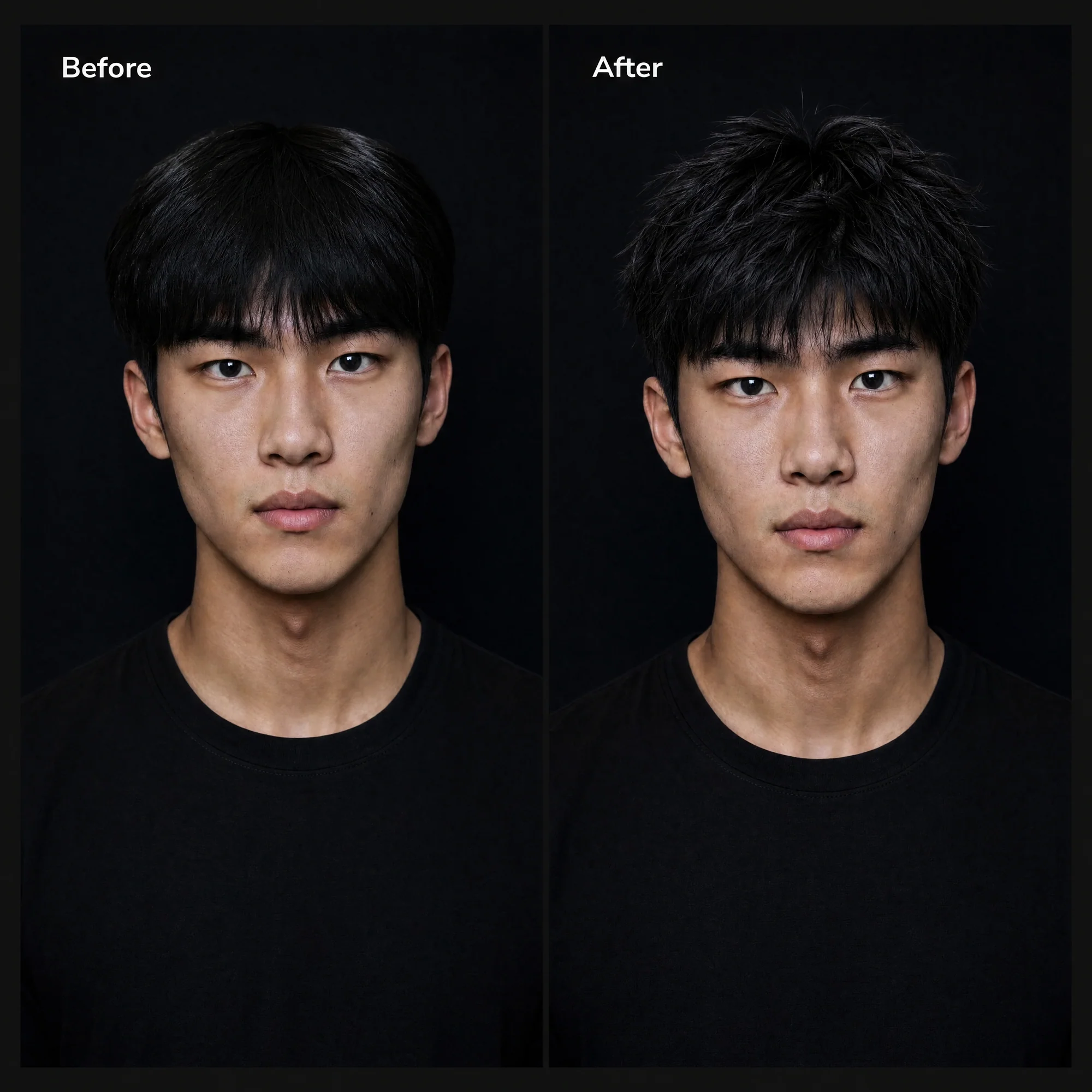 Before and after: flat hair compared to textured, fuller-looking styled hair